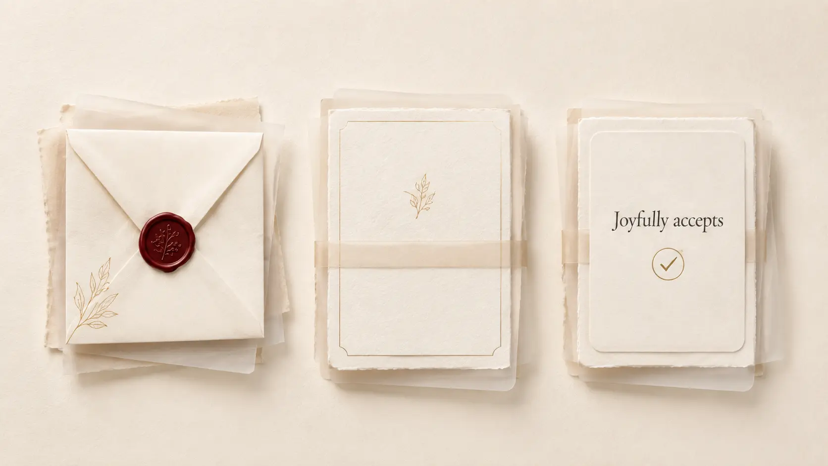 A sealed envelope, wedding invitation and joyful RSVP card