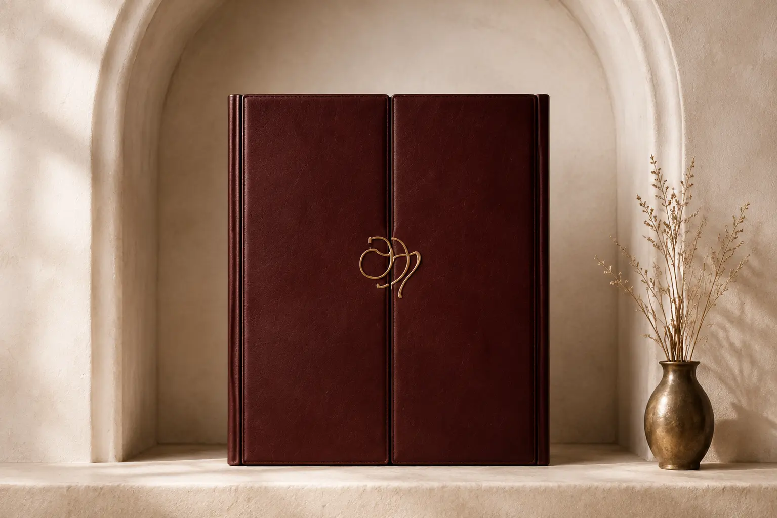 Closed burgundy invitation folio inside a warm ivory arched niche