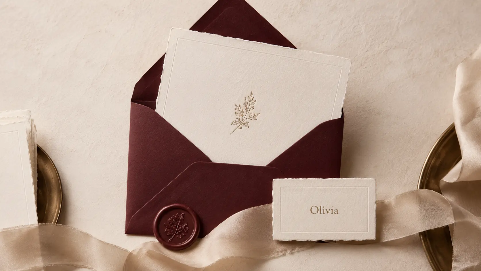 A personalized wedding welcome with invitation, silk ribbon and wax seal